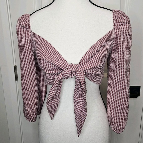 Wayf Tops - NWT Wayf Digby Front Tie Crop Top Gingham Puff Sleeve Size XS Boho Cowgirl